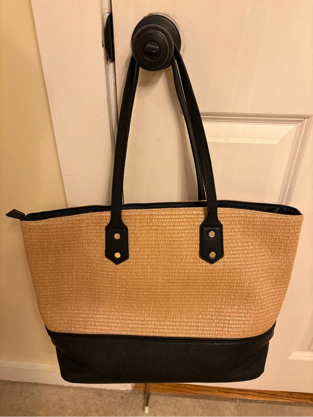 Woven Straw Tote Bag with Black Trim